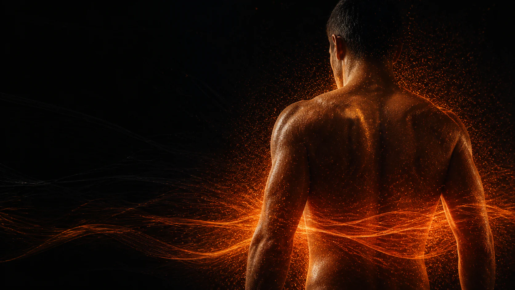 An athlete surrounded by fine ember-colored energy waves.
